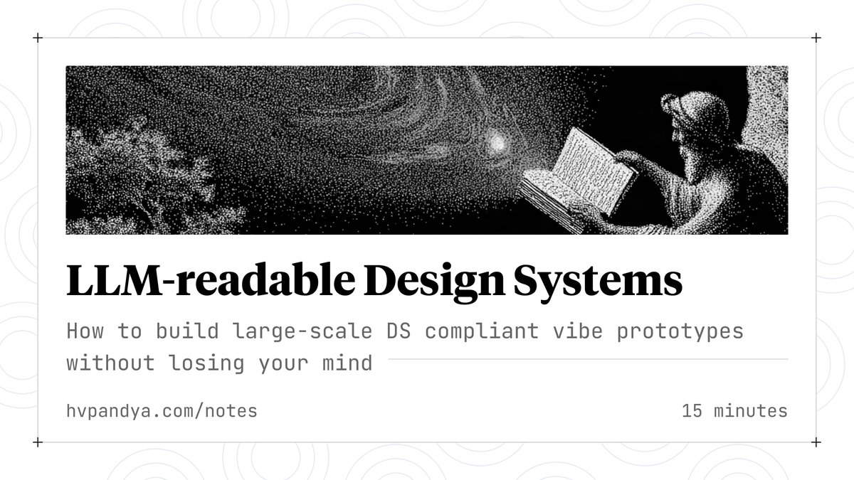 hvpandya's tweet photo. ✨ Expose your Design System to LLMs ✨

Without tight coupling with your DS, large vibe prototypes drift from your design language pretty quickly. 

Here's a deep-dive on:
✅ Keeping your protos DS-compliant
✅ Running automatic DS checks
✅ Upstream DS source syncing

👇 Here https://t.co/neWs8LQFdo