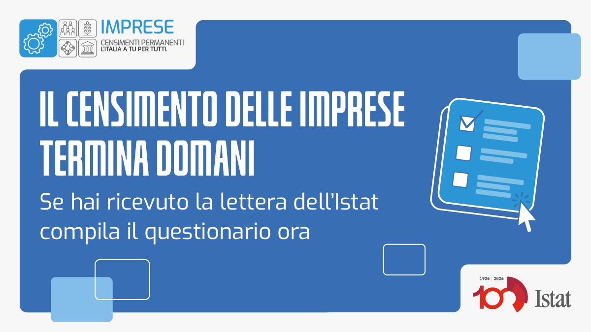 📌Termina domani il #CensimentoPermanenteImprese
Se la tua azienda ha ricevuto la lettera dell’Istat, completa il questionario online oggi. 

È facile e sicuro, basta collegarti sul Portale Statistica &amp; Imprese con le credenziali ricevute: imprese.istat.it/login

#istat