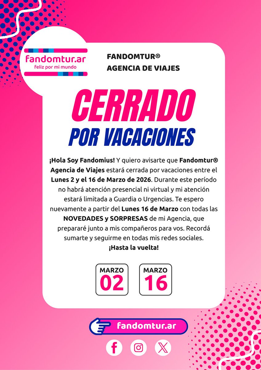 fandomtur's tweet photo. 😌Nos tomamos un respiro para volver con todo

🏮Fandomtur y Fandomtur Fandomers cierran por vacaciones del 2 al 16 de marzo.

¡Preparate, porque volvemos con sorpresas y novedades que te van a encantar 🚀

Seguinos en nuestras redes para no perderte nada.

¡Hasta la vuelta! 👋✨ https://t.co/S3536CwV12