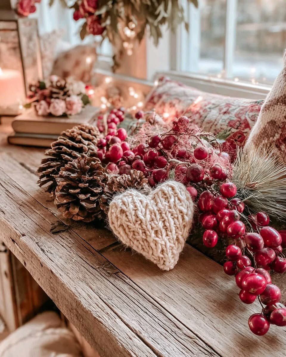 Lois0814's tweet photo. That knit heart nestled in pinecones and berries feels like pure winter tenderness on this rustic sill. ❤️🌲 #WinterDecor #RusticHearts https://t.co/YHRk34Vphn