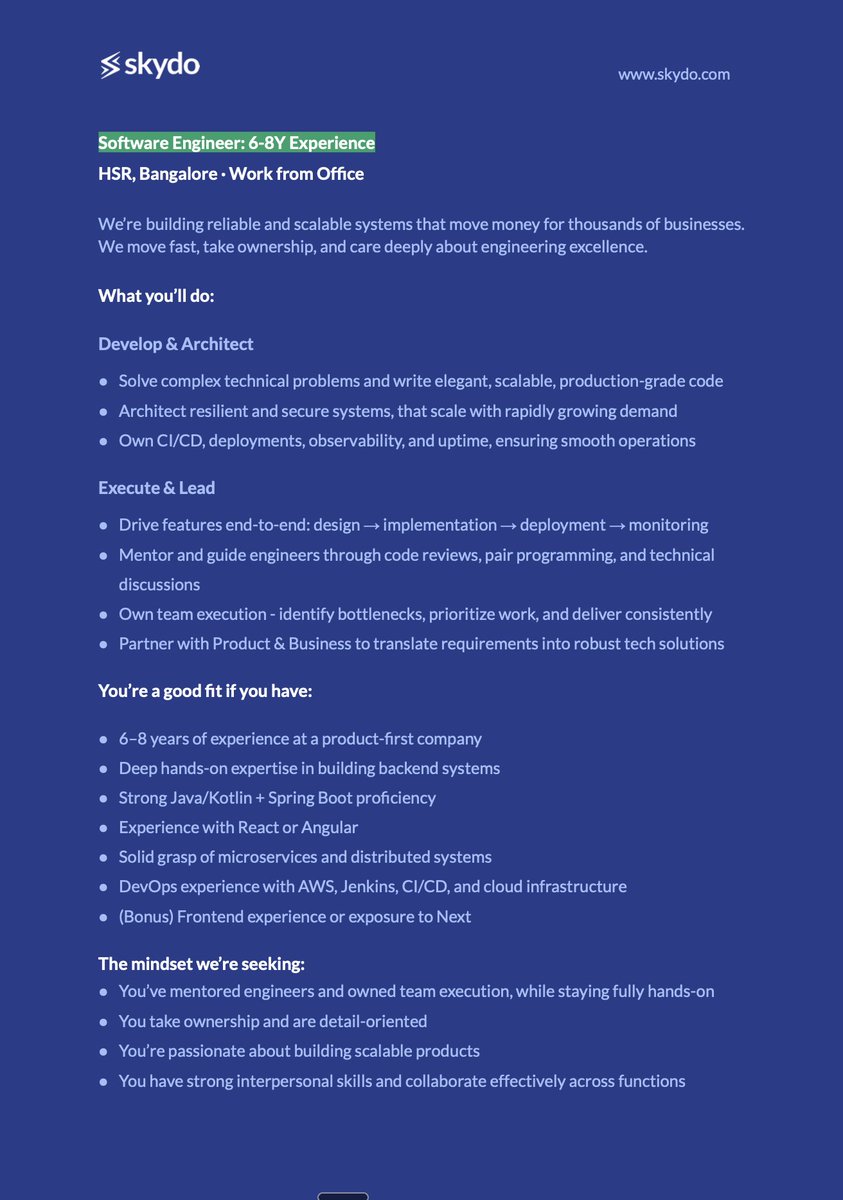 Skydo is hiring a Software Engineer (Full Stack, 6-8 years experience). Bangalore, work from office.

We process over $1B in annualized payments for 30,000+ businesses. We're growing 300% year-on-year. And our engineering team is small — deliberately.

We don't hire a lot of