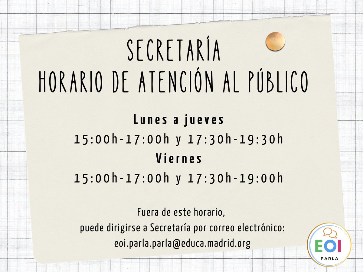 Nuestro nuevo horario de atención al público en Secretaría a partir de hoy (2 de marzo).
Si necesitan realizar un trámite administrativo por las mañanas: los lunes está el jefe de estudios, los martes y jueves la secretaria, el miércoles la directora. Los viernes, los 3.