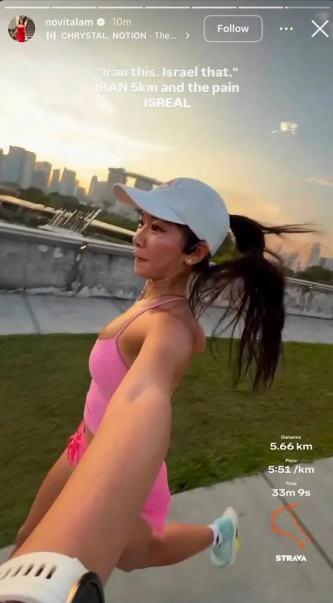 Saw this on Reddit and I swear it's like Chinese Singaporean influencers live in another world entirely. The twin terrorist states of Israel and the US are bombing schools without consequences and your first thought is "how can I make this a joke about running"