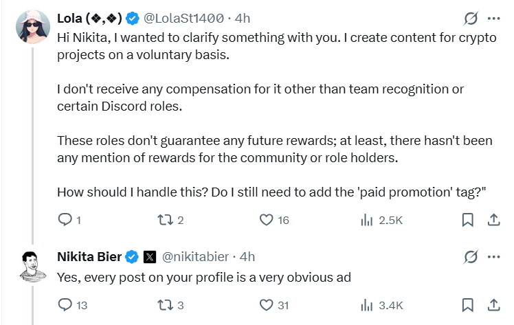 to all CT who make content on new dapps/protocols/L1/L2/IDOs/NFTs etc you will now have to label it as paid promotion tag