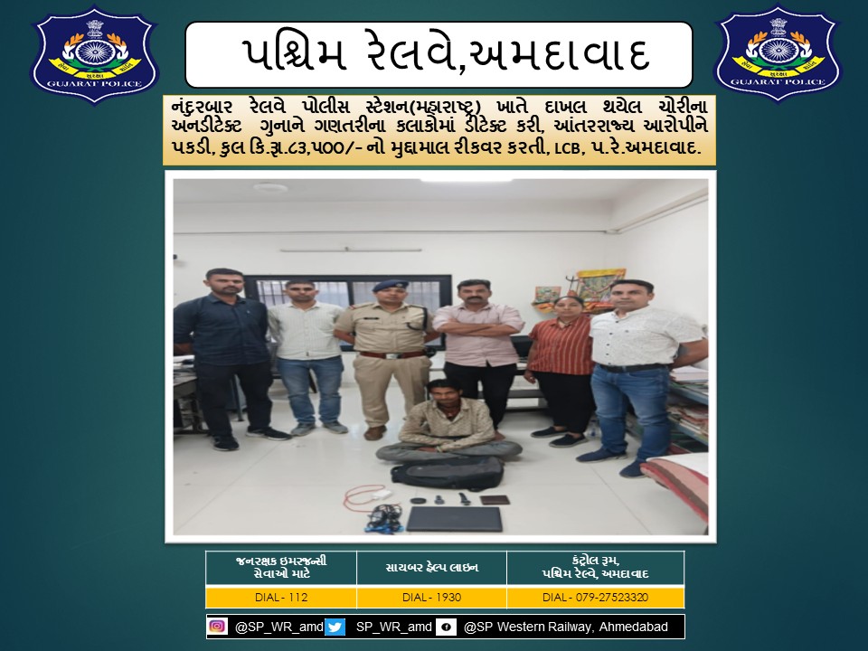 નંદુરબાર રેલવે પોલીસ સ્ટેશન(મહારાષ્ટ્ર) ખાતે દાખલ થયેલ ચોરીના અનડીટેક્ટ ગુનાને ગણતરીના કલાકોમાં ડીટેક્ટ કરી, આંતરરાજ્ય આરોપીને પકડી, કુલ કિ.રૂા.૮૩,૫૦૦/- નો મુદ્દામાલ રીકવર કરતી, LCB, પ.રે.અમદાવાદ.
<a href="/CMOGuj/">CMO Gujarat</a> <a href="/sanghaviharsh/">Harsh Sanghavi</a> <a href="/dgpgujarat/">DGP Gujarat</a> <a href="/GujaratPolice/">Gujarat Police</a> <a href="/Grp_Vadodara/">SP Western Railway Vadodara (GRP)</a>