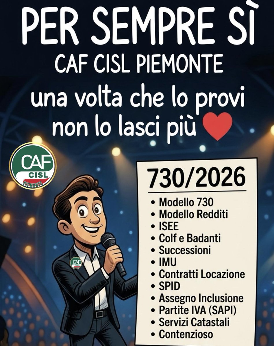 CafCislPiemonte's tweet photo. Hai bisogno di aiuto con il 730, #ISEE o altro?

La risposta è PER SEMPRE SÌ con @CafCisl #Piemonte

Offriamo una gamma completa di servizi per ogni tua esigenza! Perché una volta che ci provi, non ci lasci più! 

Scopri tutti i nostri servizi https://t.co/gf2AyVR0CX

011-195065 https://t.co/kHtI1d7c8E