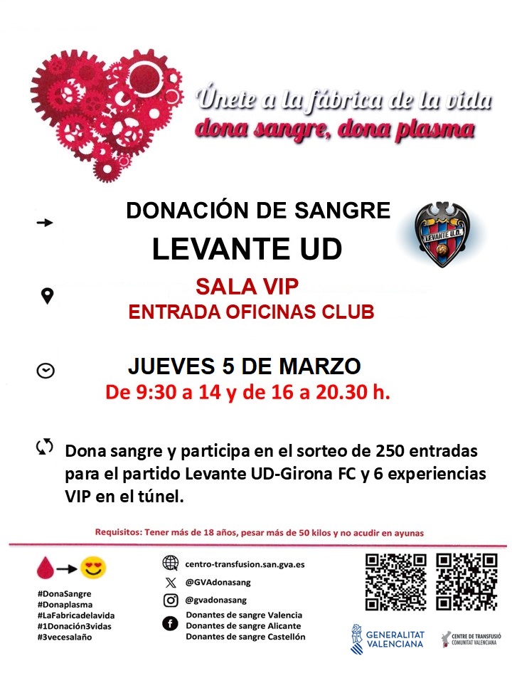 GVAdonasang's tweet photo. Donación de sangre @LevanteUD 
📅 Jueves 5 de marzo
📌 Estadio Ciutat de valencia
🕐9:30-14:00 🕐16:00-20:30

 ¡Tu donación salva vidas! Te esperamos. https://t.co/VnGVFXqsMj