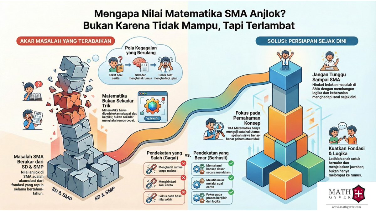 Nilai TKA SMA yang anjlok bukan karena anak kurang pintar, tapi karena kita "telat" menyadari satu hal.

​Banyak orang tua dan siswa baru panik saat masuk SMA melihat nilai Matematika terjun bebas. Padahal, masalahnya bukan di materi SMA-nya, tapi di fondasi SD dan SMP yang rapuh