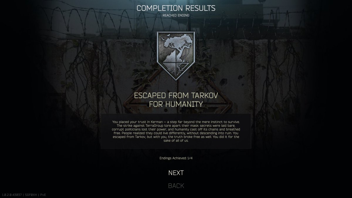 NoelNovk97's tweet photo. Slowly but surely, I got the Best Ending — only in PvE for now, but PvP is next 😁 Took me eight tries. @tarkov @bstategames @nikgeneburn https://t.co/W4mMsiUtWd