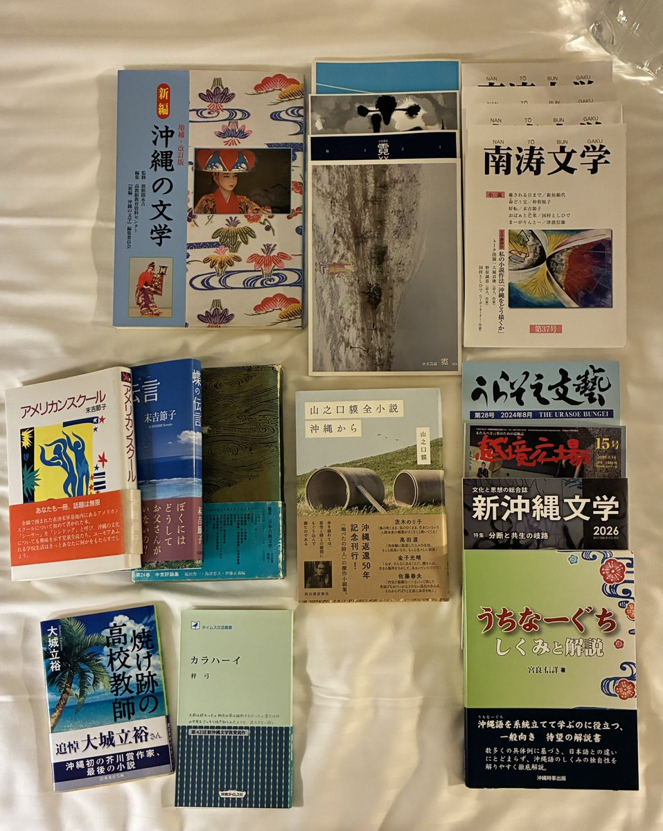 大城立裕「焼け跡の高校生」
梓弓「カラハーイ」
末吉節子「アメリカン・スクール」
末吉節子「蝶の伝言」
山之口貘「山之口貘全小説沖縄から」
南涛文学37-40号
霓　xix-xxii
うらそえ文藝28
越境広場15
新沖縄文学97
宮良信詳「うちなーぐち　しくみと解説」
波照間永吉　編著「新編沖縄の文学」