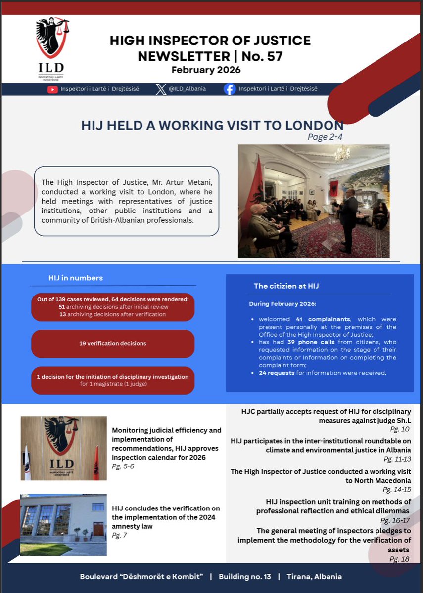 ILD_Albania's tweet photo. 📢Our February newsletter is out! Check out all the activities and highlights of the High Inspector of Justice Office from February 2026! Read it now👇
#HIJ #FebruaryHighlights #Newsletter #transparency
https://t.co/LagULZq1WL https://t.co/PTVyXSmpGf