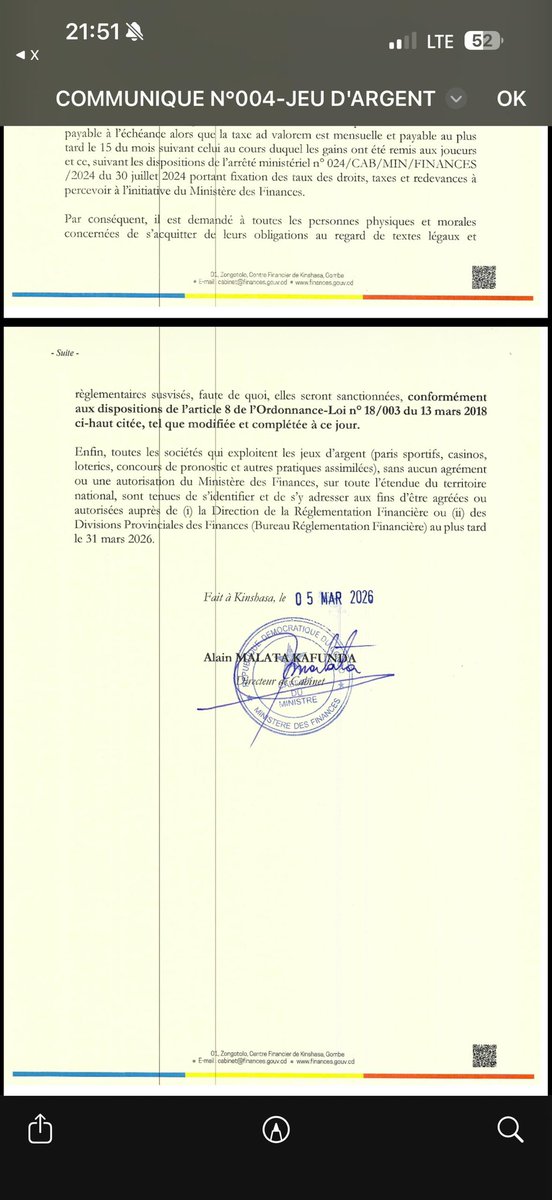 #RDC: Le Ministère des Finances a publié un communiqué visant à encadrer davantage le secteur des jeux d’argent en RDC. Dans ce document, il rappelle aux opérateurs de paris sportifs, de casinos et de loteries leurs obligations fiscales, notamment le paiement de la taxe liée à