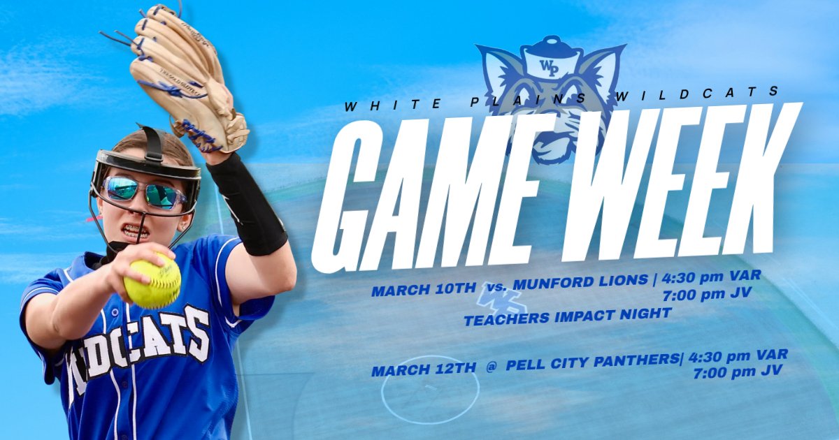WPSoftballWP's tweet photo. It's GAMEWEEK!
HOME GAME!
🆚Munford
⏰Varsity @ 4:30pm, JV after
📆Tuesday, March 10th
🏟️Rachel Ford Field - White Plains, AL
Teacher IMPACT Night
Danny Shears to throw out first pitch

🆚Pell City
⏰Varsity @ 4:30pm, JV after
📆Thursday, March 5th
🏟️Pell City, AL https://t.co/esoyDx2RlT