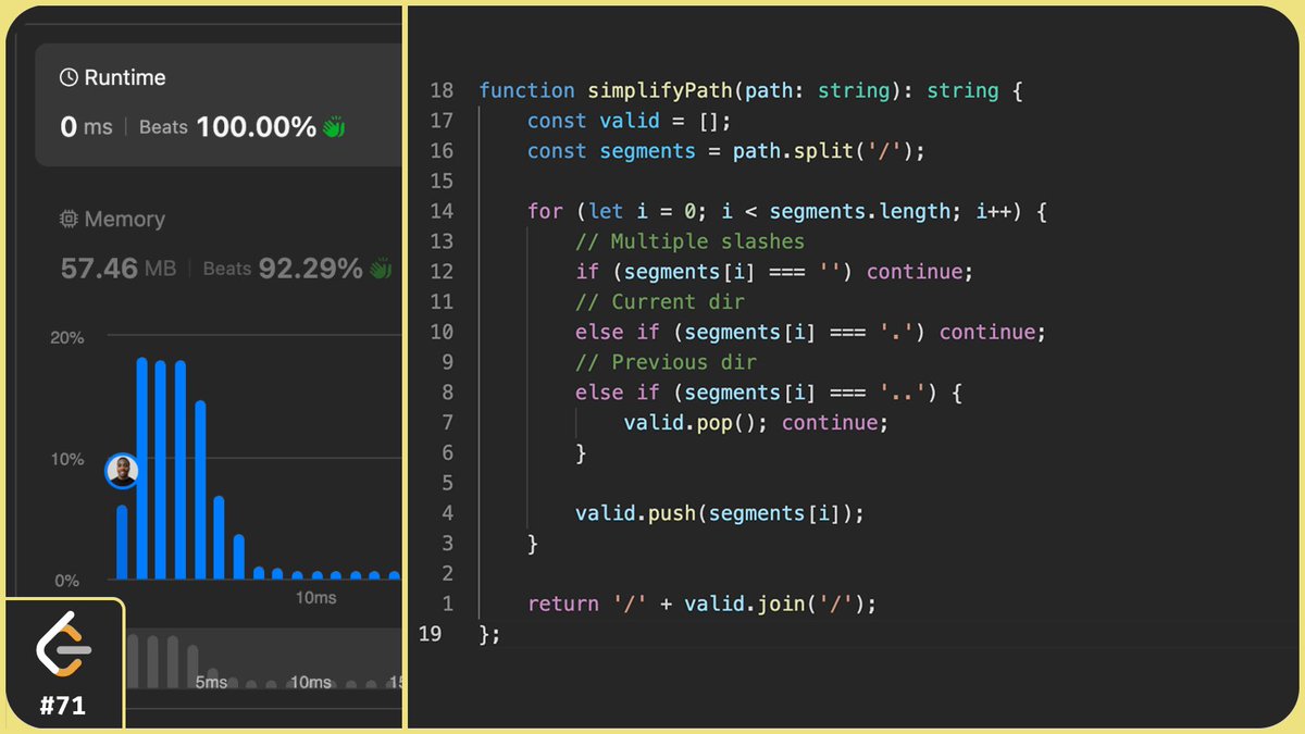 okoyecharlesk's tweet photo. Day 12 of #30DaysOfDSA
Problem: Simplify Path
Pretty easy problem served as a nice intro to using stacks. https://t.co/6XuXHmGkmN