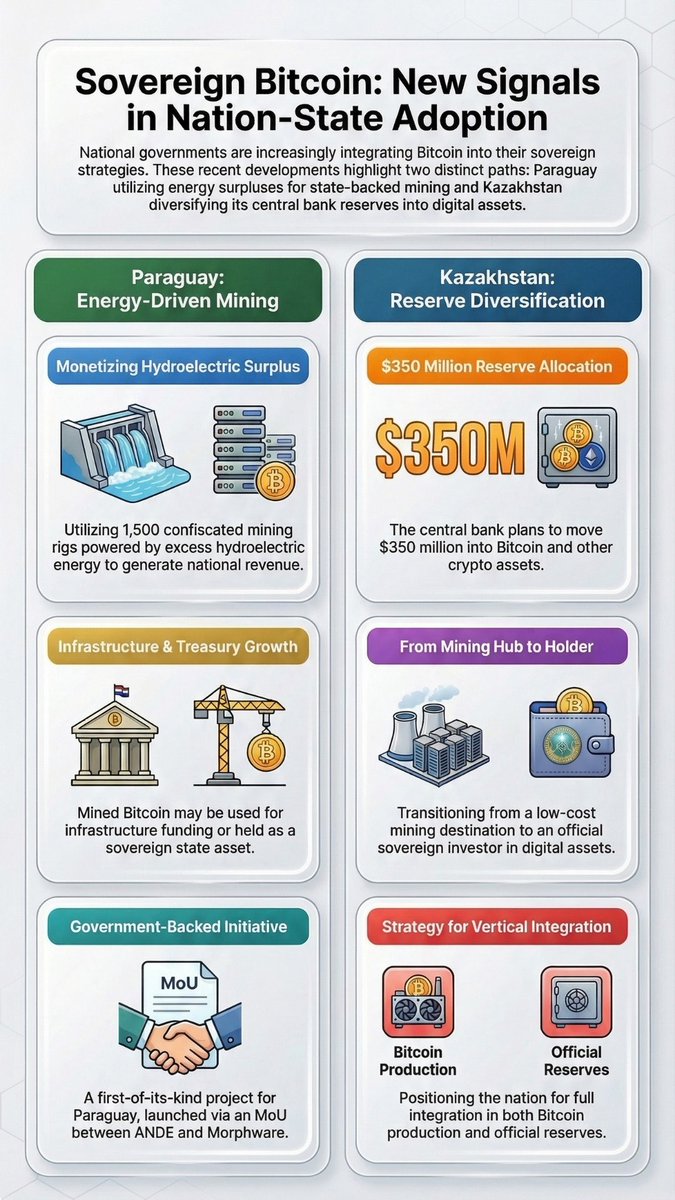 chrisabaker's tweet photo. What happened in the world last week? 
Paraguay and Kazakhstan double down on Bitcoin.

1. 🇵🇾 Paraguay: State-Led Bitcoin Mining
The National Electricity Administration (ANDE) has signed a Memorandum of Understanding (MoU) with the tech firm Morphware to launch Paraguay's first government-backed Bitcoin mining project.

To get the ball rolling, the government will deploy approximately 1,500 seized mining rigs. These machines will be powered by the country’s surplus hydroelectric energy.

The main goal is to turn "wasted" energy into a fresh revenue stream to fund national development and infrastructure projects.

2. 🇰🇿 Kazakhstan: Sovereign Bitcoin Reserves
The Central Bank of Kazakhstan has officially announced plans to allocate up to $350 million of its reserves to Bitcoin—potentially reallocating funds from its gold holdings.

This marks a major pivot toward sovereign digital asset investment. The country is pursuing a strategy of "vertical integration": they aren't just mining Bitcoin anymore; they are now actively stacking it in the national treasury.