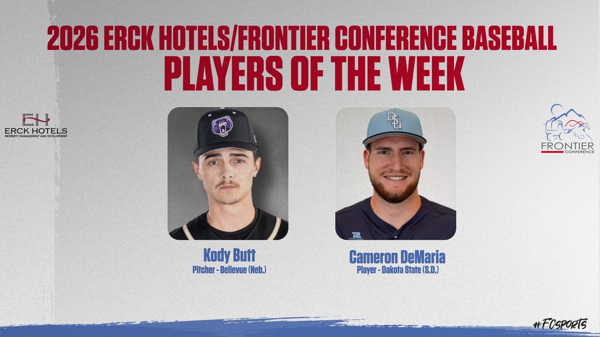 FConference's tweet photo. ⚾️ 2025-26 Erck Hotels/Frontier Conference Baseball Players-of-the-Week - No. 5 edition

Congratulations to this week's recipients!

Pitcher:  Butt (@BUBruins)
Player:  DeMaria (@DSU_Athletics)

📰 Read more ➡️ https://t.co/sFTshnc1Rf

#FCsports I #FierceFrontier I #TheRightWaytoPlay I #NAIABaseball