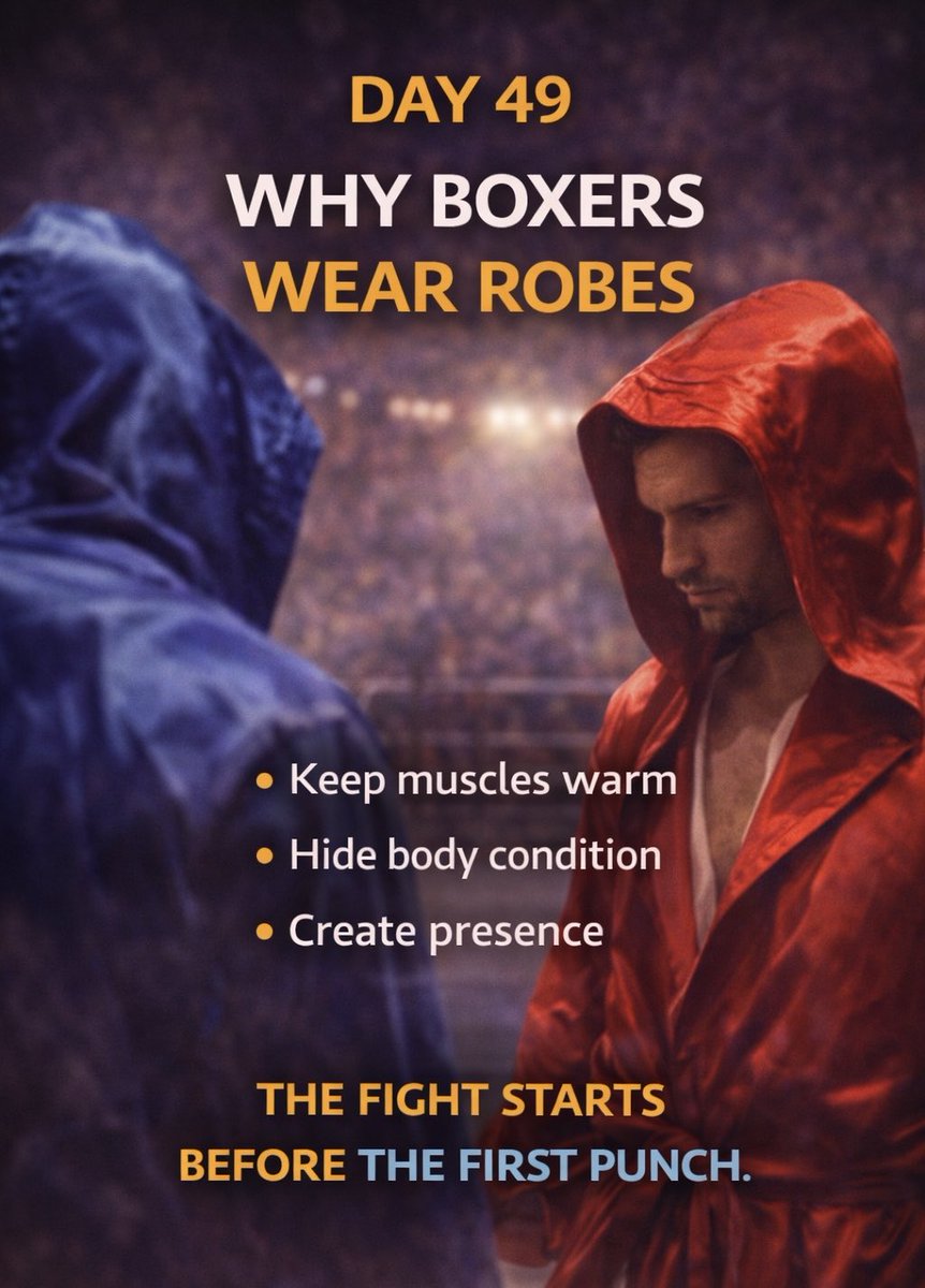 YuryIak's tweet photo. Day 49 — Why boxers wear robes
Robes weren’t just for style.
They helped fighters:
• keep muscles warm
• stay loose before the fight
• hide their condition
In boxing, the fight begins
before the first punch.
#BoxingHistory #SweetScience https://t.co/2oAytfpxyJ