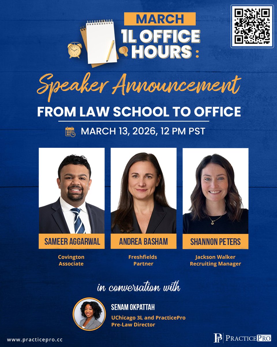 myPracticePro's tweet image. Law students - Join PracticePro on Friday, March 13 at 12 PM PT for practical insights from @CovingtonLLP, @Freshfields, and @Jackson_walker on what law firms expect from summer associates. 
Register: tinyurl.com/fx84vphb
#lawstudents #summerassociate #legalrecruiting
