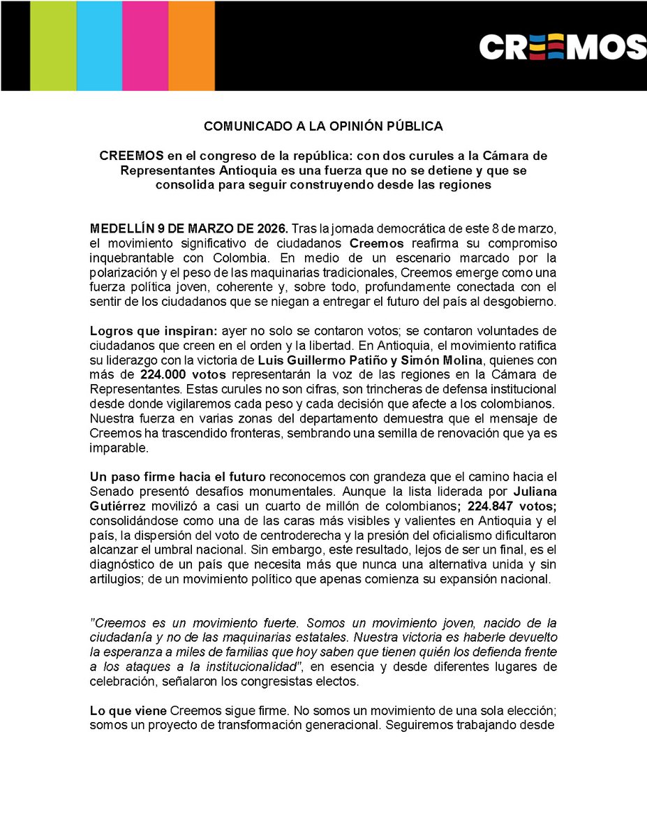 creemosco's tweet image. ¡Dos curules en la Cámara por Antioquia! Con más de 224.000 votos, @LuisGPatino y @simonmolinag serán la voz de las regiones en el Congreso. Somos un movimiento nacido de la ciudadanía y hoy estamos más fuertes, unidos y convencidos que nunca. 🇨🇴 #Creemos #ElEquipoDeLaGente