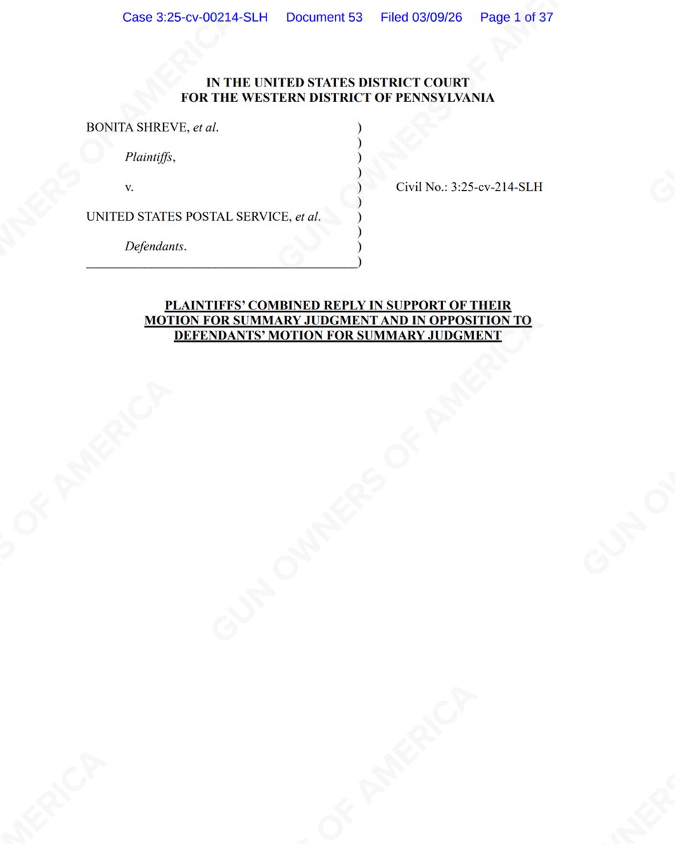GunOwners's tweet image. We just filed our response to USPS's handgun mailing ban! 

DOJ is trying to wiggle out of this suit by pointing to a recently issued opinion that admits the law is unconstitutional.

We explained that the Postal Service is STILL flatly refusing to let gun owners mail handguns.