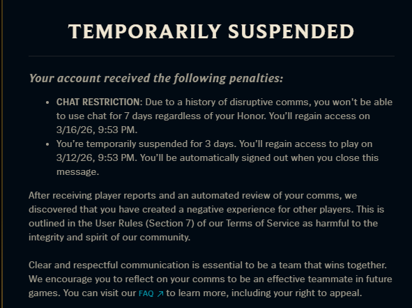 zoombek8's tweet photo. 3 days ban and 7 days ban from league bc some dumbass was going FULL CULL BUILD AND RUN DOWN MY GAME thx riot :) https://t.co/UycsMzJDXy