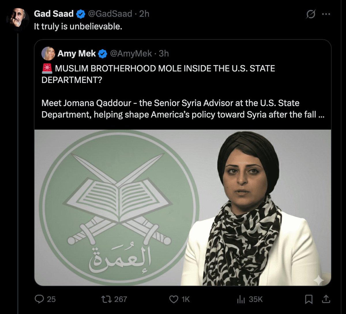 .<a href="/GadSaad/">Gad Saad</a>, it's unbelievable because it's absolute drivel. 

I have known Jomana Qaddour for six years. And not superficially. I would count her as one of my closest friends in Washington, D.C.

In that time, I came to know one of the most committed and loyal Americans I've ever