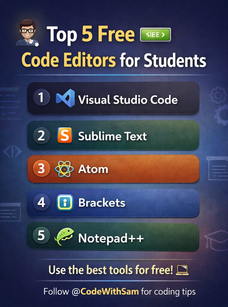 code_withsam786's tweet photo. 💻 Top 5 Free Code Editors for Students
1️⃣ Visual Studio Code
2️⃣ Sublime Text
3️⃣ Atom
4️⃣ Brackets
5️⃣ Notepad++
Good tools make coding easier.

Which editor do you use the most? 👇

Follow @CodeWithSam for coding tips

#coding #webdevelopment #programming #developer #Tech https://t.co/m3vNbbCfsa