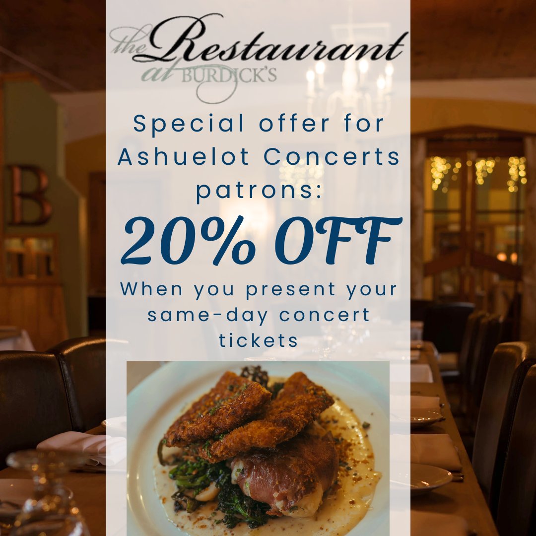AshConcerts's tweet photo. NEW ticketholder discount partnership with The Restaurant at Burdick's! Present your same-day concert tickets on Saturday, March 21 before or after the 1pm Doric String Quartet concert at Alyson's Orchard and receive a 20% discount.
https://t.co/ChQkEt16lV
https://t.co/ZCfkGEl7xt https://t.co/9N2LHaYNjj