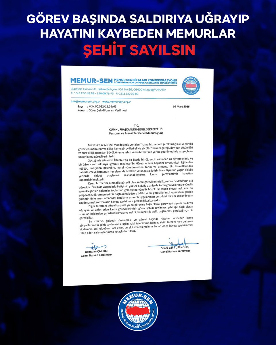 SALDIRIYA UĞRAYARAK VEFAT EDEN MEMURLARIMIZ ŞEHİT SAYILSIN

Devletimizin sürekliliği ve bütünlüğü gereği kamu hizmetinin sunumu noktasında vazgeçilmez unsur kamu görevlilerimizdir. Kamu görevlilerimize karşı yapılan saldırı, şiddet ve diğer faaliyetler doğrudan devletimize
