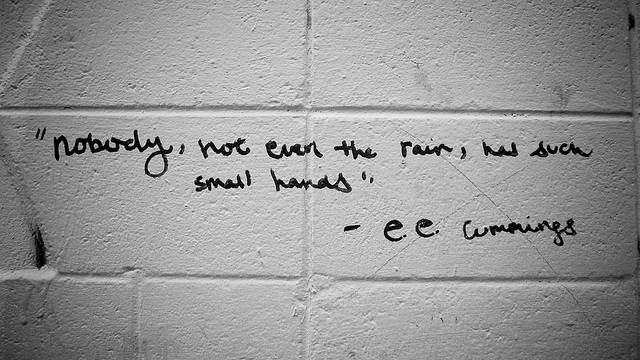 AliochaColl's tweet photo. Hay un poema de e.e. cummings que termina: nadie, ni siquiera la lluvia, tiene las manos tan pequeñas.
No sé lo que significa. Imagino que quería zumbarse a alguien que no le prestaba demasiada atención.
Pero si a mí cualquiera me pregunta que es la poesía, yo le digo que es eso. https://t.co/KXbzWlfLR7