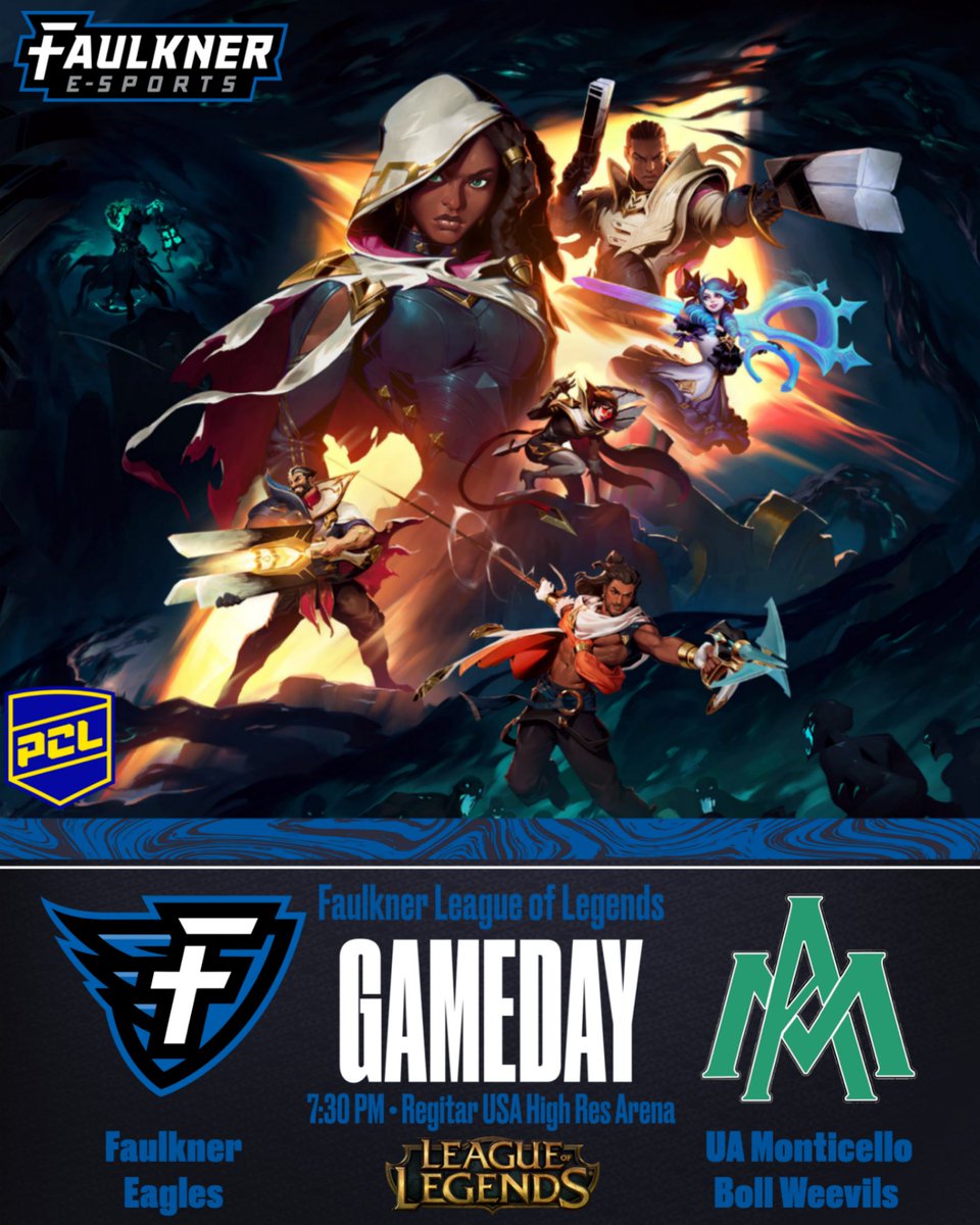 FaulknerESports's tweet image. Faulkner plays the University of Arkansas Boll Weevils tonight at 7:30 in a best-of-three League of Legends match!

#FaulknerESports #SoarEagles #NeverFail #LoL #LeagueOfLegends
