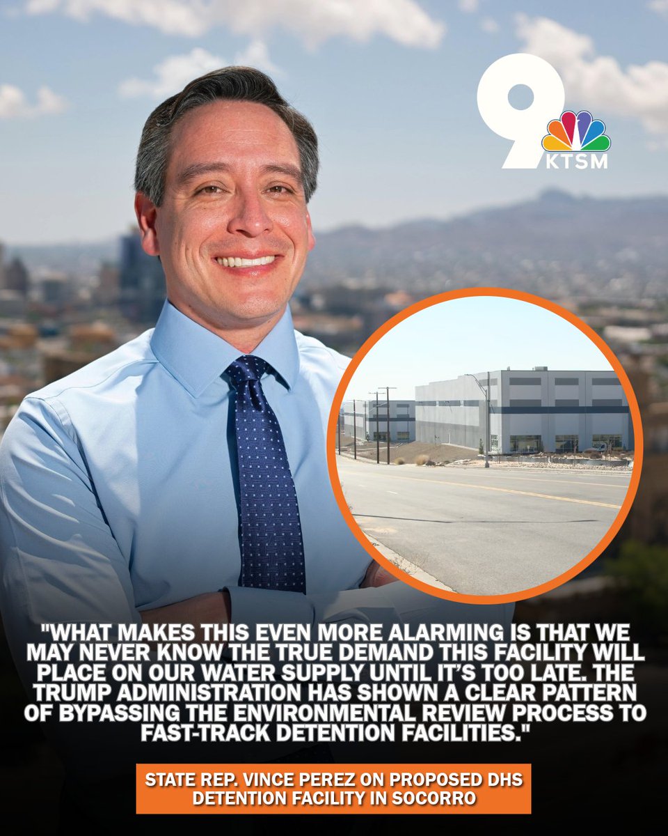 State Rep. Vince Perez raises concerns over proposed DHS detention facility in Socorro, estimating it could consume 850,000 gallons of water daily. Perez calls for a formal environmental review to assess the impact on the region's water supply.

MORE: ktsm.com/news/border-re…