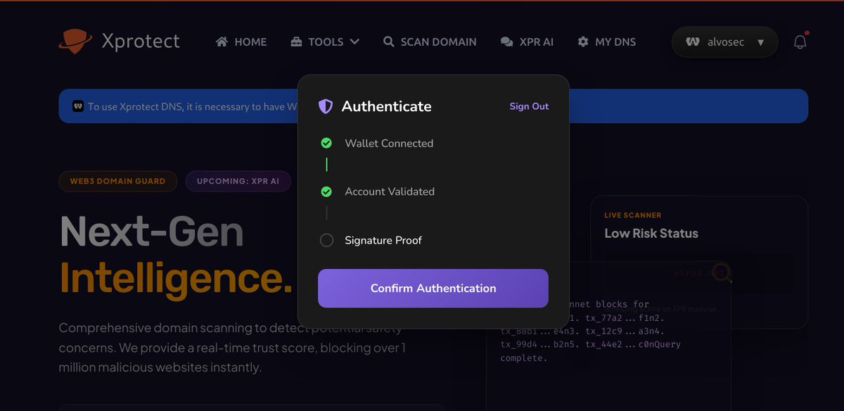 We upgraded xprotect.org security authentication with #WebAuth wallet-based 2FA: users sign a random token through xsign:verify on the XPR Network blockchain, generating a local cryptographic proof; sessions validate like standard 2FA without exposing private keys.