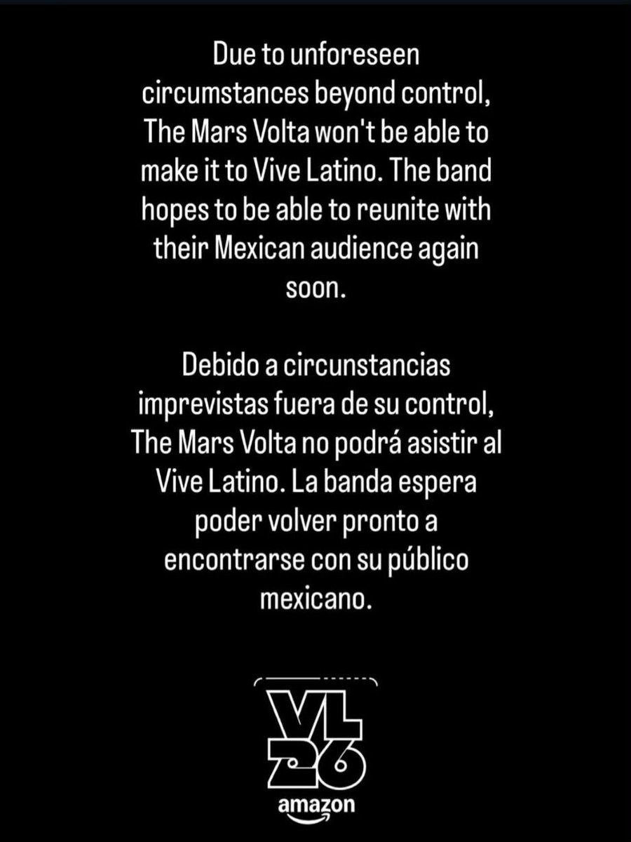🚨🚨🚨 The Mars Volta acaba de cancelar su presentación del fin de semana en el Vive Latino 🚨🚨🚨

De acuerdo con el festival, esto se debe por cuestiones imprevistas fuera de su control... 👁
