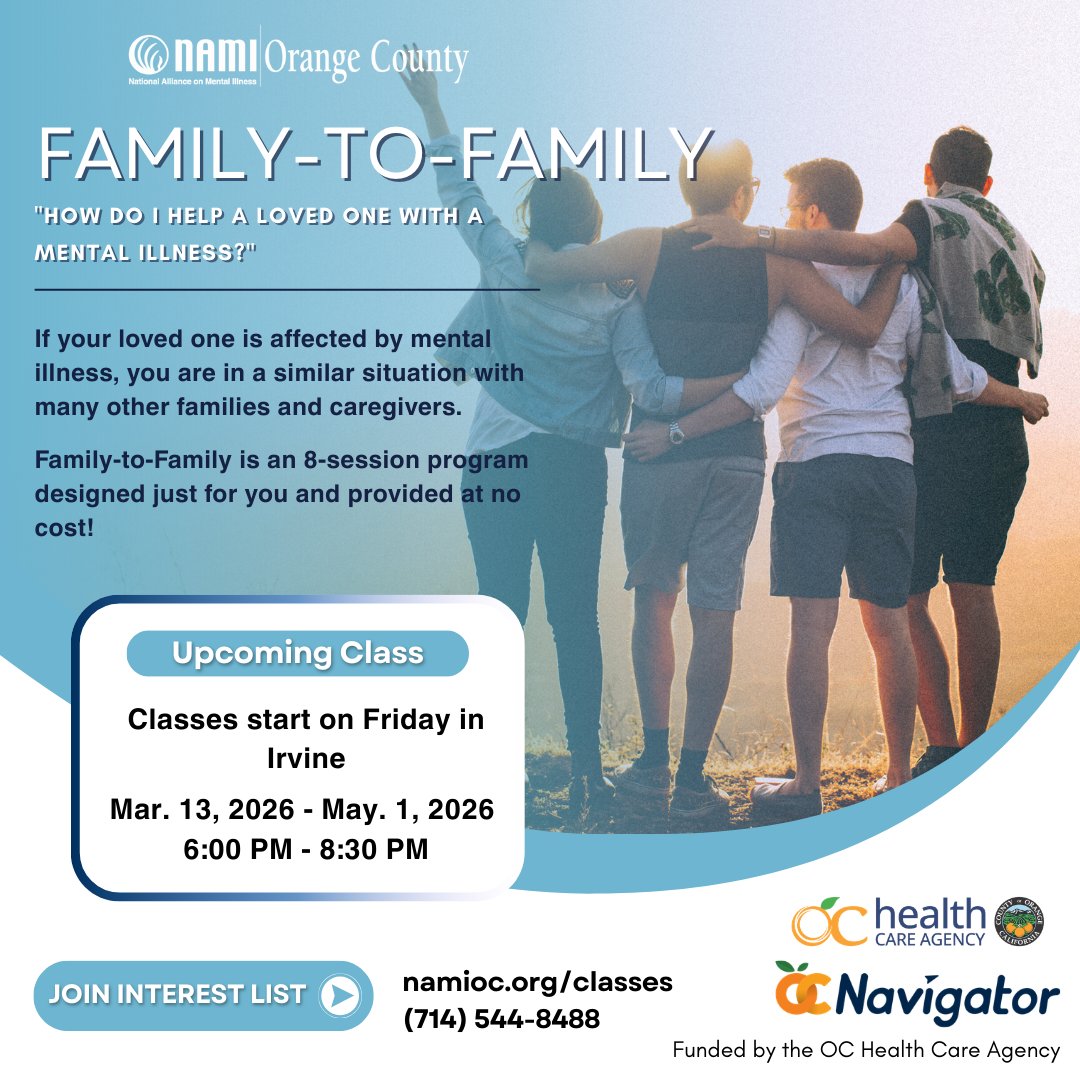 NAMIOC's tweet image. Last call to join our free 8-week NAMI Family-to-Family class in Irvine starting March 13! 
🔗 Register at namioc.org/classes. 

#NAMIOC #FamilySupport #MentalHealthEducation #NAMIClasses #IrvineEvents