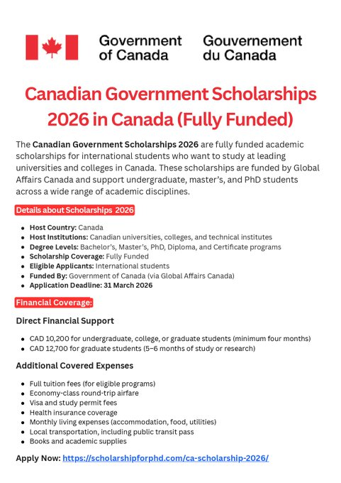 Canadian Government Scholarships 2026 in Canada (Fully Funded) for International Students

Visit: scholarshipforphd.com/ca-scholarship…

Degree: Bachelor’s, Master’s, PhD, Diploma, and Certificate programs

Deadline: 31 March 2026