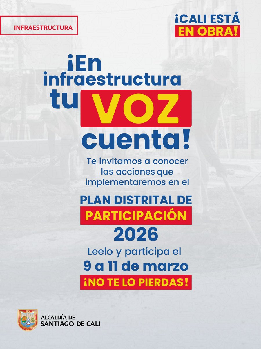 Te invitamos a participar del proceso de retroalimentación de nuestro Plan Distrital de Desarrollo de Participación Ciudadana 2026

Encuéntralo 👉 cali.gov.co/infraestructur….

Cuéntanos forms.gle/i2qWgHmkBk2XeT… o manda un correo a gestionsocial.infra@cali.gov.co del 9 al 11 de marzo