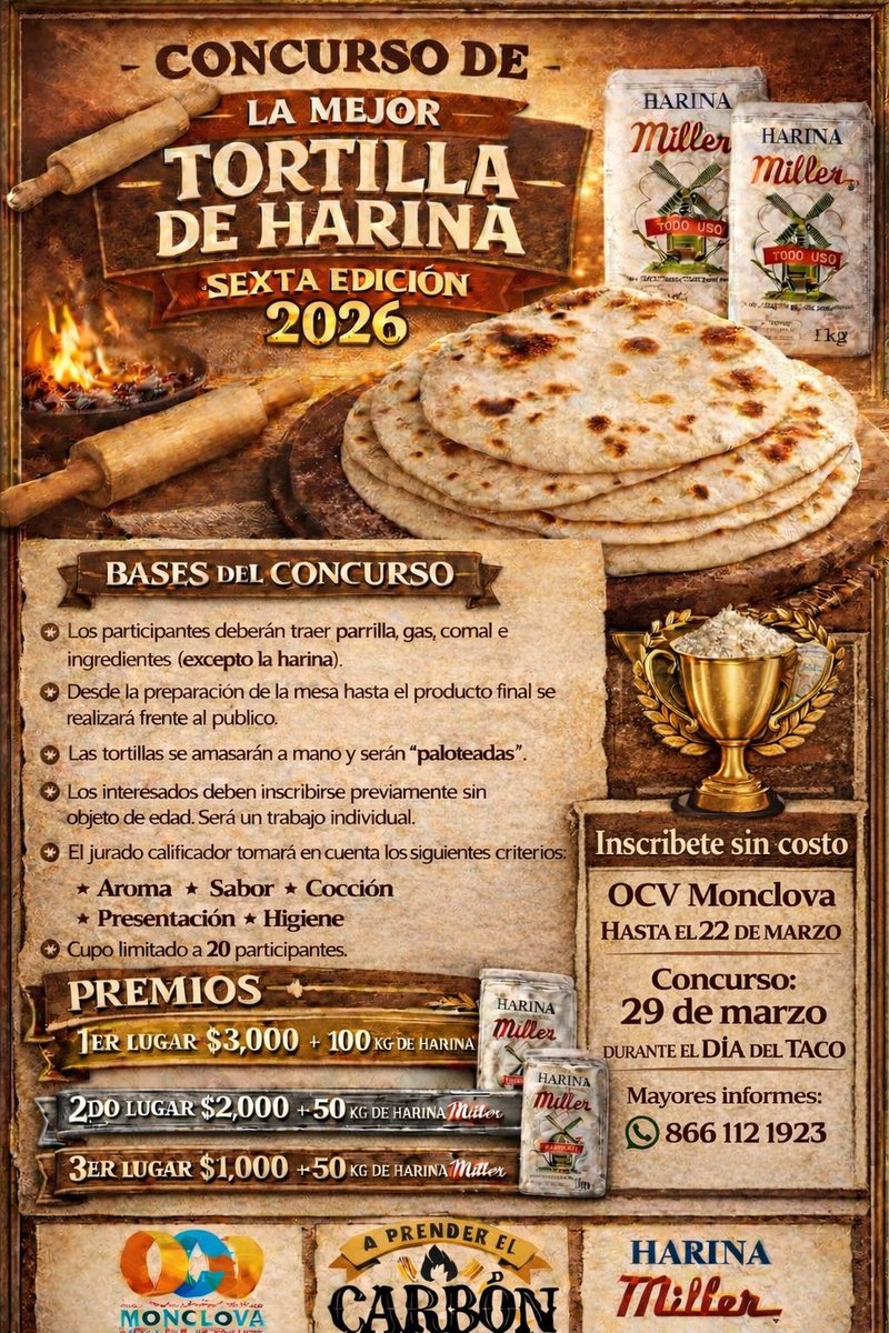Información del evento Día del Taco y concurso de la tortilla de harina: Vayan pasando la voz que ya viene el concurso de La Mejor tortilla de harina
Inscriban a su mamá, a su hermana , tía 😉 o tú mismo !!