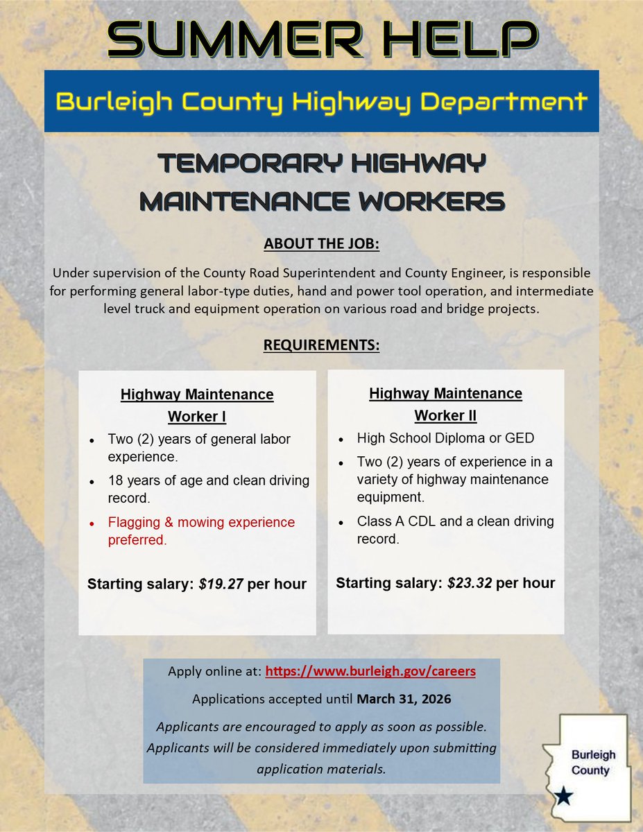 𝗦𝗲𝗮𝘀𝗼𝗻𝗮𝗹 𝗣𝗼𝘀𝗶𝘁𝗶𝗼𝗻𝘀 𝗢𝗽𝗲𝗻
Apply online: burleigh.gov/careers

#BurleighCo #ComeWorkWithUs