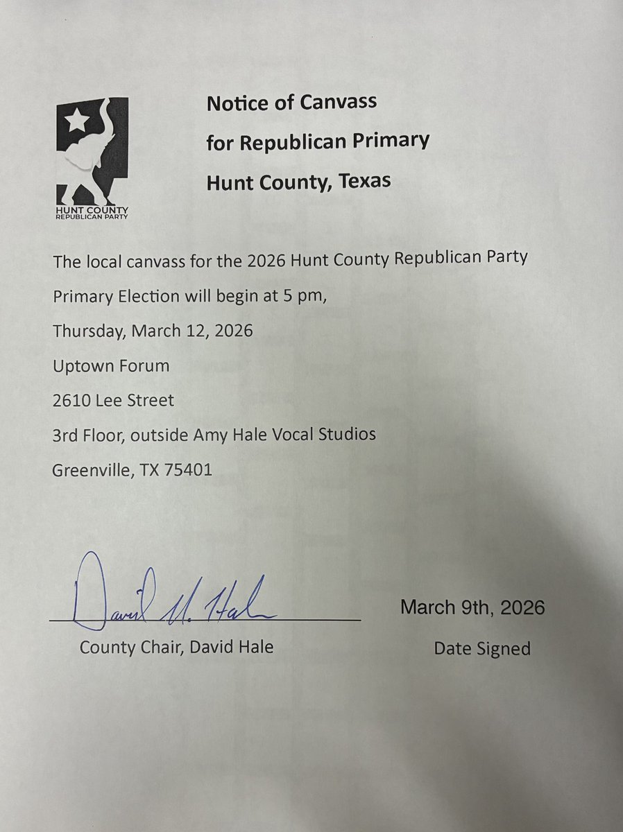 HuntCountyGOP's tweet photo. The canvass is when the election returns from the county party are officially reported  to the Secretary of State at a publicly noticed time and place and must be noticed 72 hours in advance. 

David https://t.co/Qpb15zKhYe