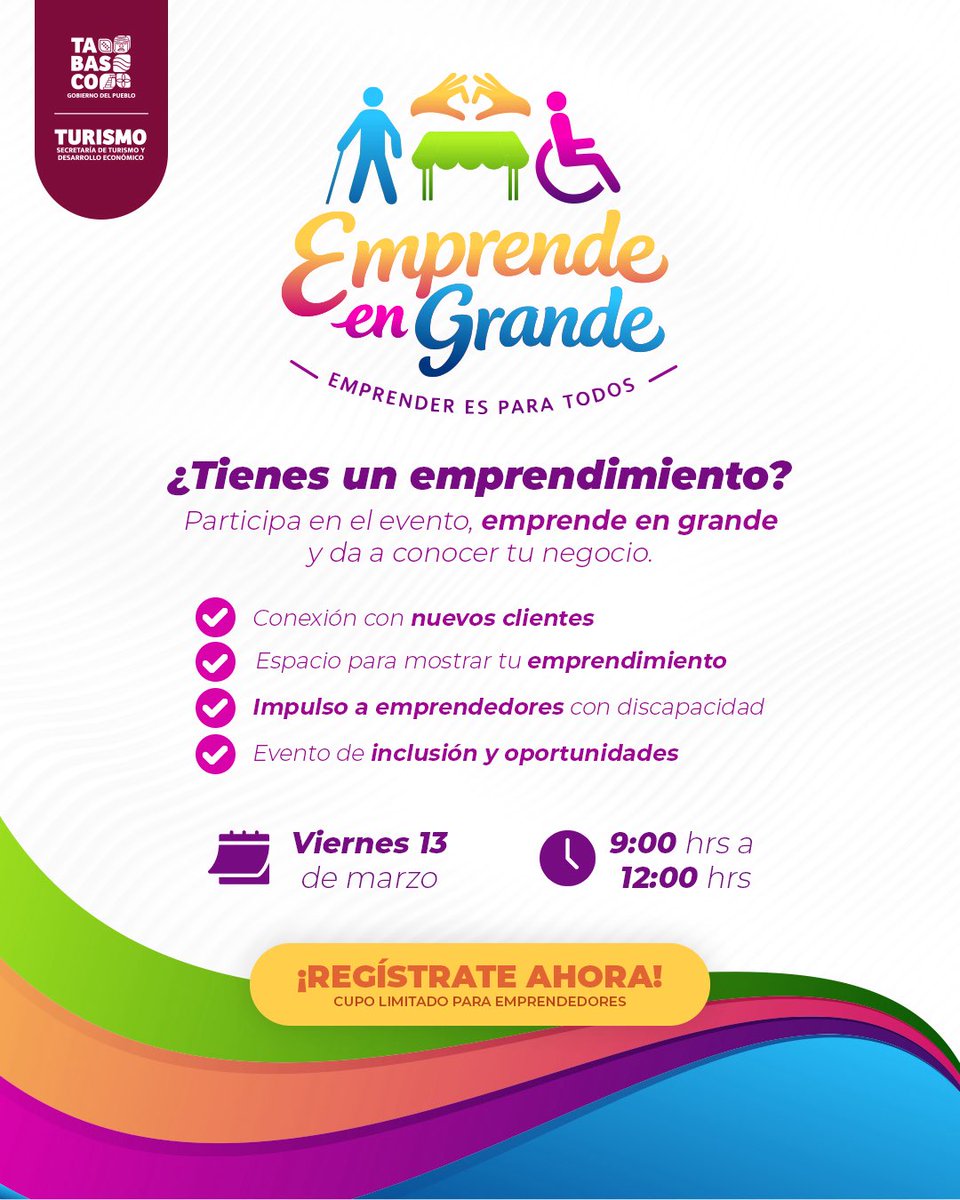 ¡#Emprender es para todos! 🙌🏻

Si tienes un producto o servicio, este es tu momento para hacerlo visible, compartir tu talento y llevar tu emprendimiento a otro nivel.👩🏻‍🌾🧑🏽‍🎨 

🗓️ Viernes 13 de marzo de 2026
🕘 09:00 a 12:00 hrs.

Link de registro: docs.google.com/forms/d/1yzWhH…