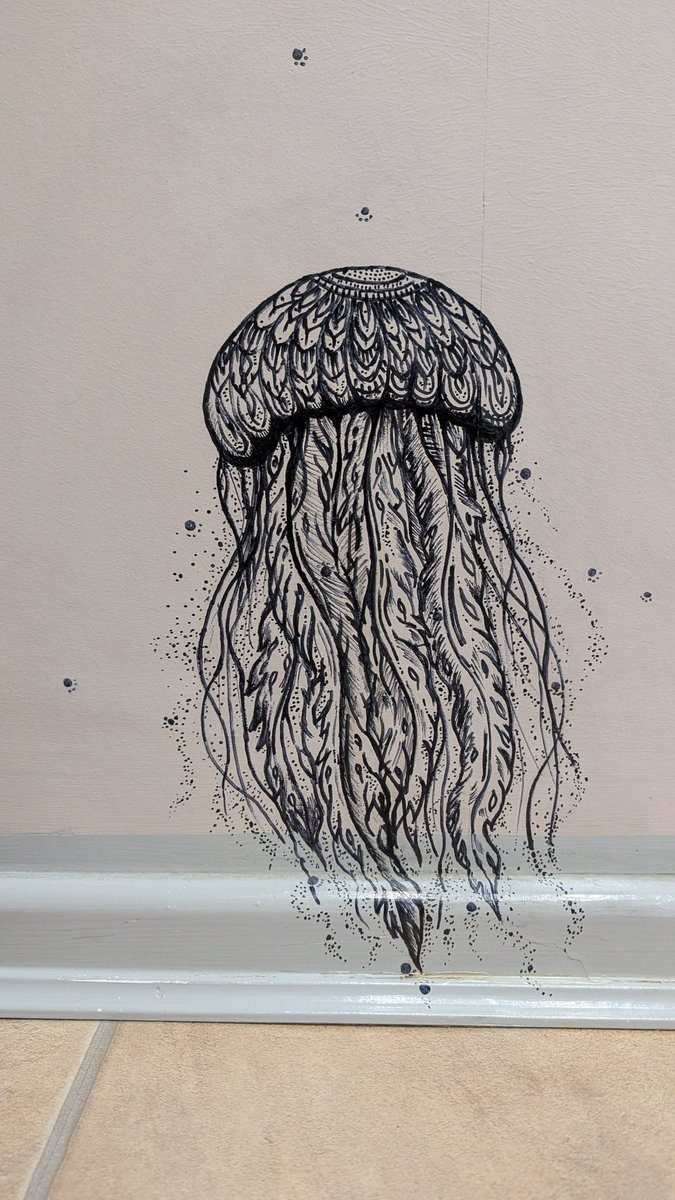qchardesign's tweet photo. I am at this stage of my life where when annoyed with my wife's hair dye splatter stain on the bathroom wall, I just grabbed a Sharpie and tried to make it look a bit better 🤟
#creativehack #husbandwin #BathroomArt" https://t.co/UNz13WMHgp