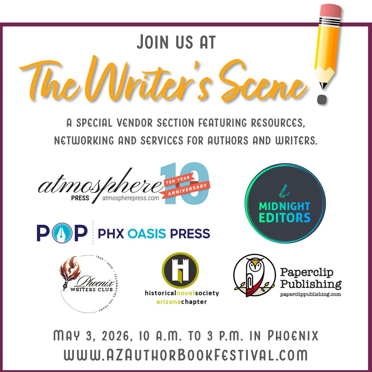 HNS_Arizona's tweet photo. Visit us at The Writer's Scene, a special section at the Arizona Author Book Festival on May 3, 2026 in #dowtownPhoenix. #free #communityevent #bookfestival #DTP #fundraiser for #autismacceptance. https://t.co/qyfG2gUyfF https://t.co/9r34QuQjoe