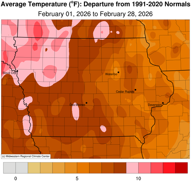JustinMGlisan's tweet image. February 2026 Temperature Summary: #Iowa’s average temperature was 32.2°F, 8.1°F above normal. This ties 1984/1992 as the 13th warmest February in 154 years of records; 2024 was warmer and the 2nd warmest on record. (1/2) #IowaClimate #IowaAg