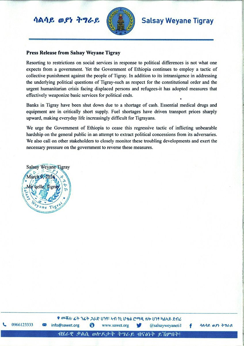 Yonigussie's tweet photo. Tigray: Collective Punishment Used as Political Leverage

“#Ethiopia continues to employ a tactic of collective punishment against the people of #Tigray, regressive tactic of inflicting unbearable hardship on the general public in an attempt to extract political concessions.” https://t.co/9sI7y0CISg