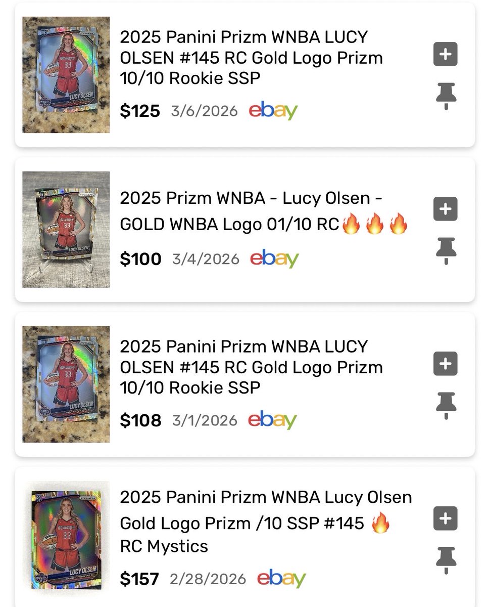 Just pulled! 2025 Prizm Lucy Olsen Gold Logo RC SSP 5/10. Throw some offers my way if you are interested. I have found variations that sold at/around $125. Please share! <a href="/Jasondardick/">Jason</a> <a href="/texasyaz12/">Yasmine Soto</a> <a href="/mikeyBcards/">Mikey B</a> <a href="/RockysCardboard/">Rocky’s Cardboard</a>