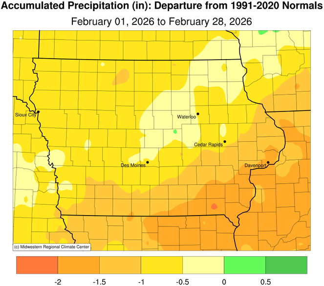JustinMGlisan's tweet photo. February 2026 Precipitation Summary: #IA's average precip. was 0.31", 0.86" below normal. This ties 1933/1964 as the 10th driest Feb. on record; 2024 was drier. Avg. snowfall was 3.8" (-3.0"), ranking as the 36th least snowy in 139 years of records. (2/2) #IowaClimate #IowaAg https://t.co/8KMkcHHk9E