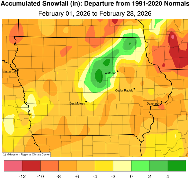 JustinMGlisan's tweet photo. February 2026 Precipitation Summary: #IA's average precip. was 0.31", 0.86" below normal. This ties 1933/1964 as the 10th driest Feb. on record; 2024 was drier. Avg. snowfall was 3.8" (-3.0"), ranking as the 36th least snowy in 139 years of records. (2/2) #IowaClimate #IowaAg https://t.co/8KMkcHHk9E