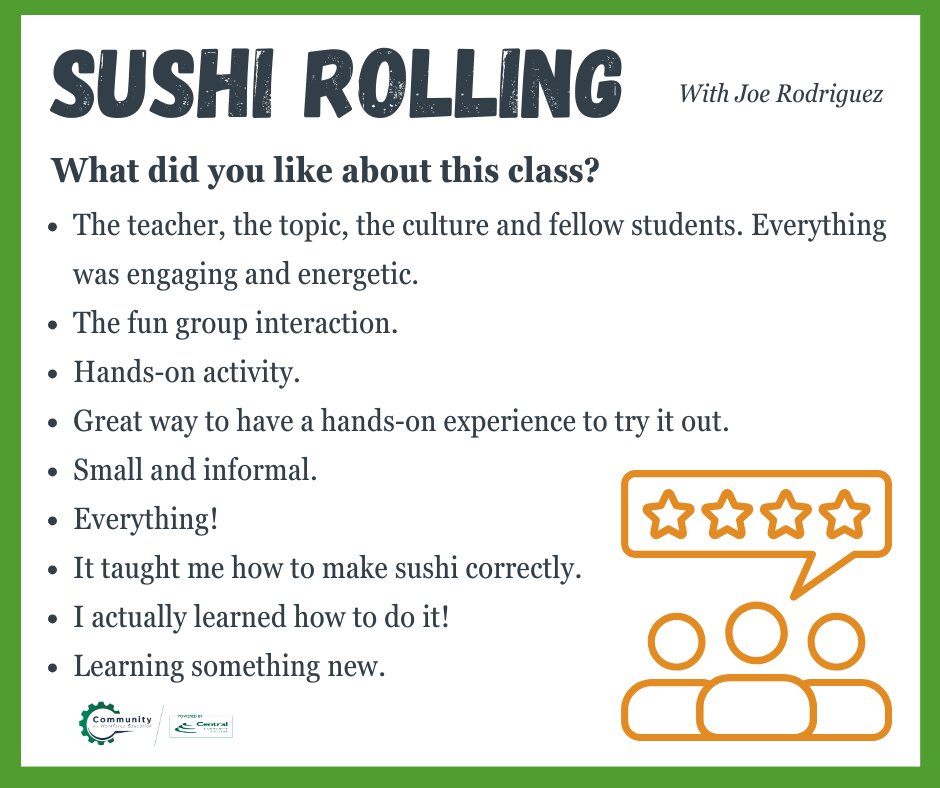 The reviews are in… and our #Sushi Rolling class was a hit! 🍣 Check out what participants had to say about the experience. Our next class is coming up April 11 — come roll with us! You can register on line: bit.ly/4qI1tuz  Or contact cwegi@cccneb.edu or 308-398-7441.
