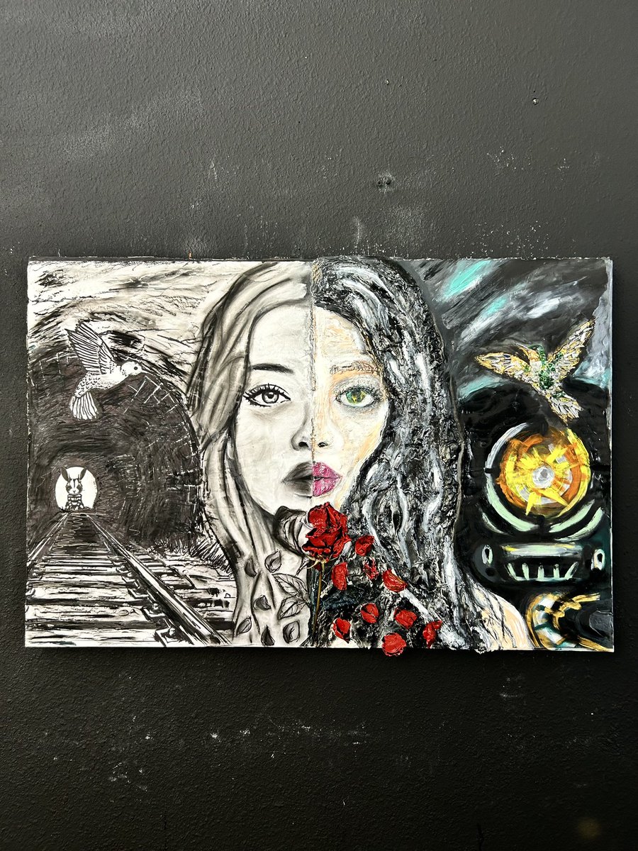 undereyeart's tweet image. UƎ: only Me 
#mixedmedia #train #traintrack #hummingbird #rose #tunnel #rabbit #drawing #art